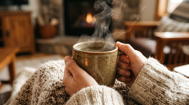 Relaxing person holding hot cozy mug by fireplace