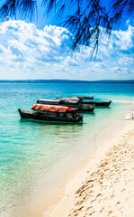 Fototapeta premium Fishing Boat Anchored On Ocean Shore