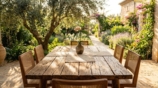 Serene rustic wooden dining table in outdoor garden patio