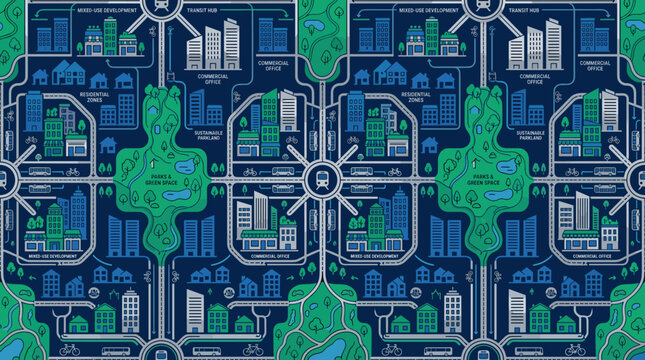 Sustainable zoning symbols and mixed-use development icons integrated into a sleek seamless repeating pattern for civic design