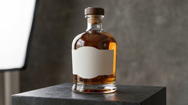 Premium round glass bottle with amber liquid and blank deckle edge label on black stone pedestal