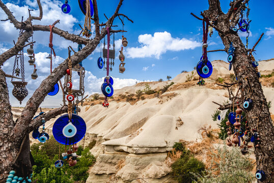 Nazar Charms Hanging On A Tree In Cappadocia Turkey