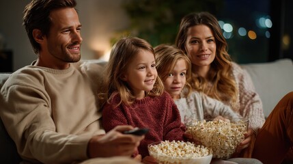 Obraz premium Family movie night at home: A happy family gathered on the sofa, bathed in the soft glow of the television screen. Snacks and smiles create a warm atmosphere of togetherness.