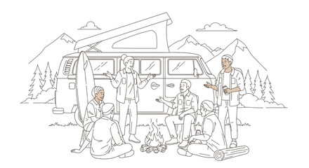 Obraz premium Group of friends enjoying a campfire and conversation around a vintage camper van in a mountain landscape