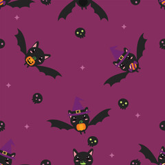 Fototapeta premium Cute Halloween Scattered Witch Bat and Stars Seamless Pattern