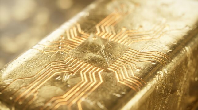 Close up of a golden ingot with etched circuit board pattern BTC bitcoin