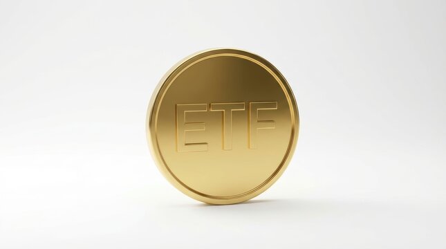 A polished gold coin with the letters ETF embossed on its surface BTC bitcoin