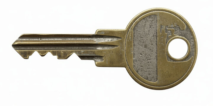 Brass house key with textured circular head and serrated blade isolated on a white background