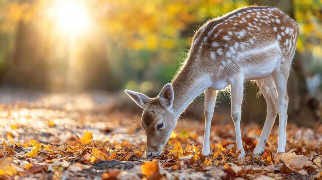 Young deer grazing in autumnal forest with warm sunlight and fallen leaves