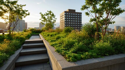 Fototapeta premium Urban rooftop garden with lush greenery and city buildings at sunset