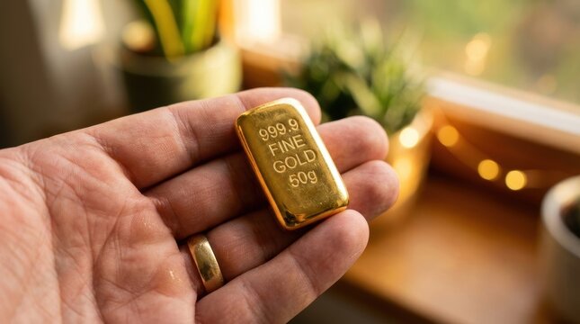 Hand holding a shiny 50 gram gold bar with 999 9 FINE GOLD 50g stamped on it