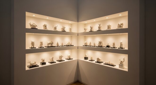 Illuminated museum shelving displaying a curated collection of small objects and figurines on white walls.