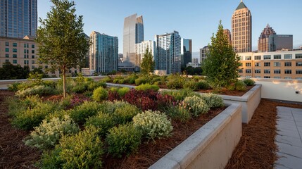 Fototapeta premium Urban rooftop garden showcasing native plants and greenery amid city skyline