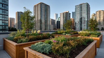 Fototapeta premium Urban rooftop garden with native plants and city skyscrapers in the background