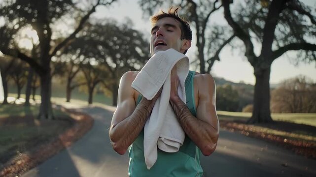Man wiping sweat with towel after workout outdoors. Runner cooling down on road surrounded by trees. Fitness and healthy lifestyle concept.