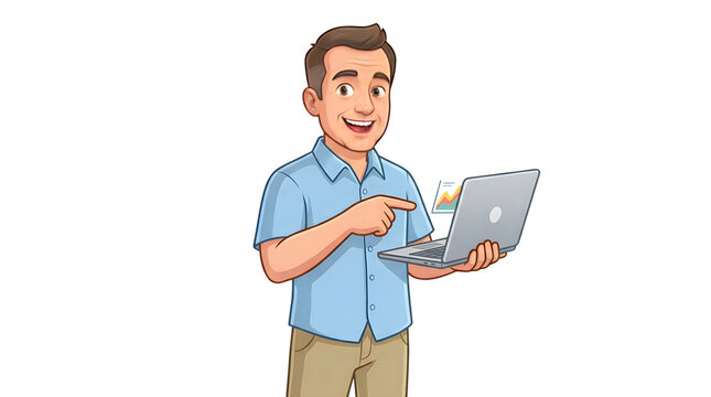 3d cartoon man with laptop isolated on transparent background for digital projects