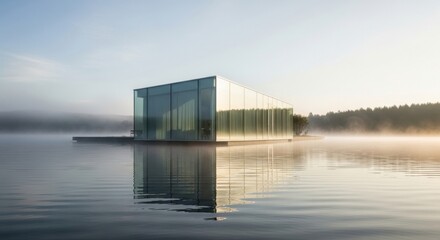 Fototapeta premium A Serene Glass-Faced Residence Reflecting on Calm Waters with Misty Horizon