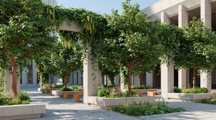 Modern urban plaza with stone seating, mature trees, and lush greenery