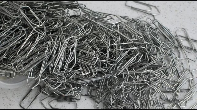 Paper clips intertwined in chaos on a bright surface, a visual representation of disordered creativity.