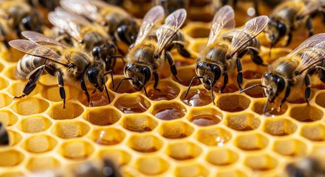 Close-up of Honey Bees Working on Golden Honeycomb for World Bee Day Event, Detailed Macro Shot of Bee Colony Producing Fresh Organic Honey in a Wooden Hive