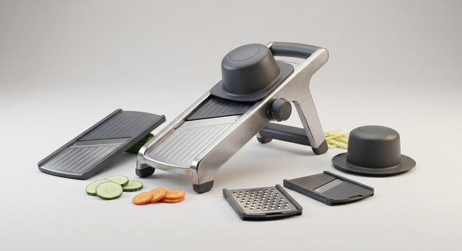 Professional stainless steel mandoline slicer set with interchangeable blades and safety hand guard for kitchen use.