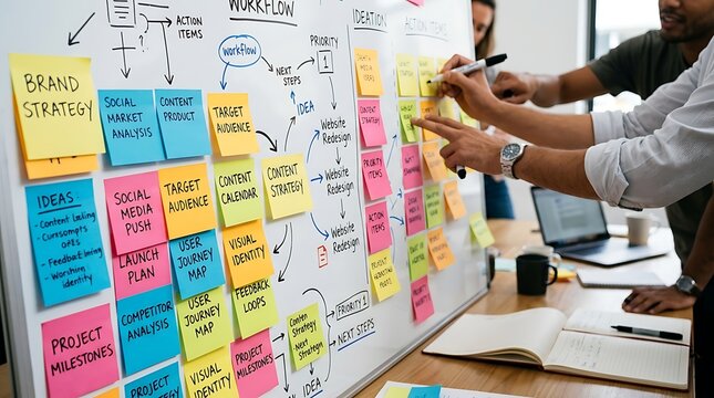 Planning and Brainstorming Session with Sticky Notes on a Whiteboard for Business Strategy Development