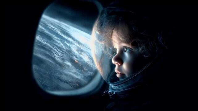 Space universe exploration, fantasy, mysterious. A vivid portrayal of a young child, likely an astronaut, looking out of a window at a vast expanse of space.