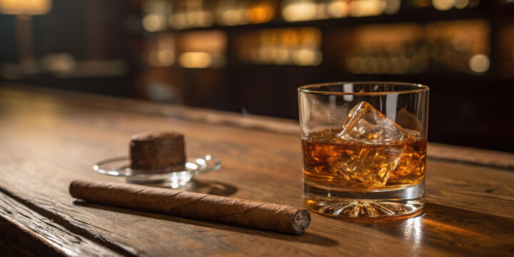 Whiskey glass with ice and cigar on wooden bar counter, creating warm and relaxed atmosphere in dimly lit setting
