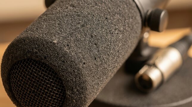 Close up of a professional condenser microphone with a foam windscreen and XLR connector