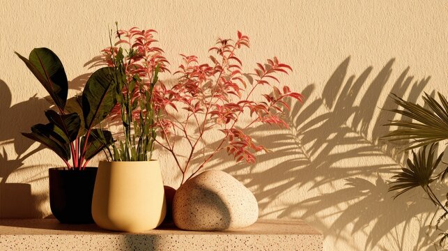 Various potted plants cast dramatic shadows against a textured, sunlit wall surface