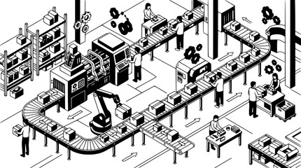 Obraz premium Isometric vector illustration of an automated factory production process