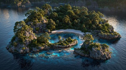 Fototapeta premium Lush tropical island with pristine beach and crystal clear turquoise water, surrounded by rocky cliffs and dense jungle.