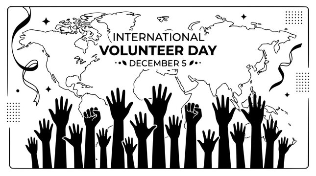 International volunteer day vector illustration featuring hands raised in unity