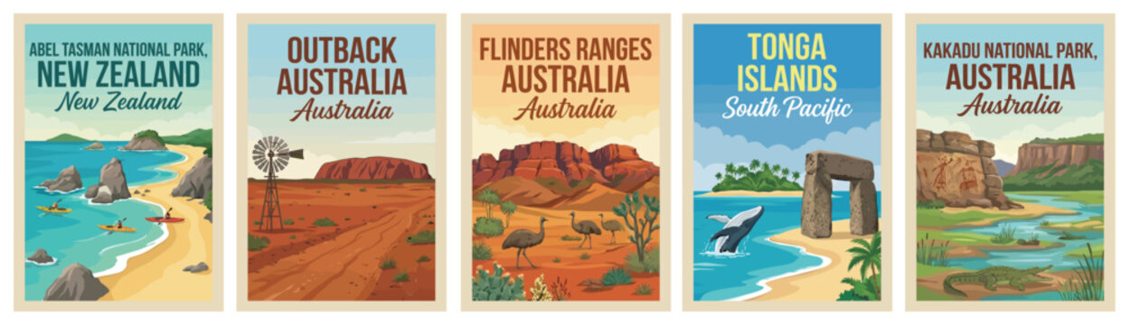 Majestic oceania travel poster set. Including abel tasman, outback, flinders ranges, tonga, and kakadu for iconic wall art prints. Retro vector illustration.