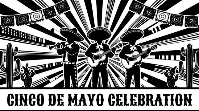 Three mariachi musicians playing instruments for cinco de mayo celebration