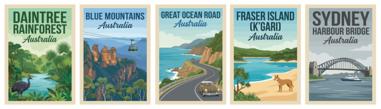 Majestic australia travel poster set. Including daintree rainforest, blue mountains, and sydney harbour bridge for iconic wall art prints. Retro vector illustration.