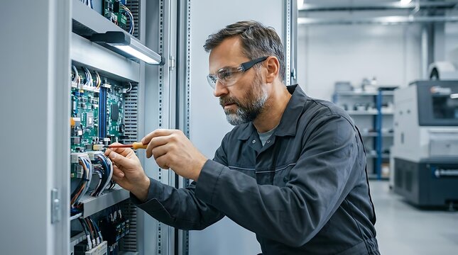 Professional electrical engineer repairing control panel in industrial factory maintenance environment