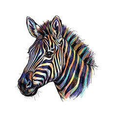 Obraz premium Vibrant zebra portrait with colorful stripes and artistic sketch style