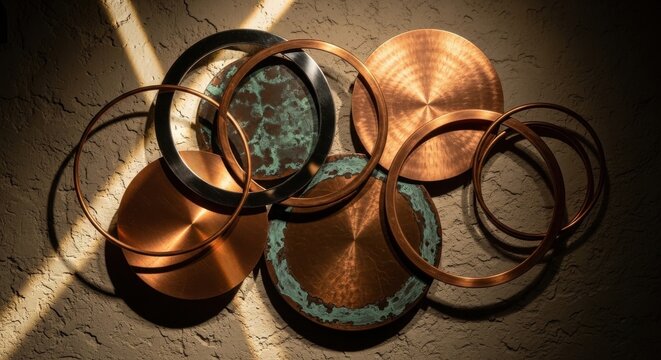 Overlapping Circular Copper and Verdigris Metal Frames and Discs with Textured Surface