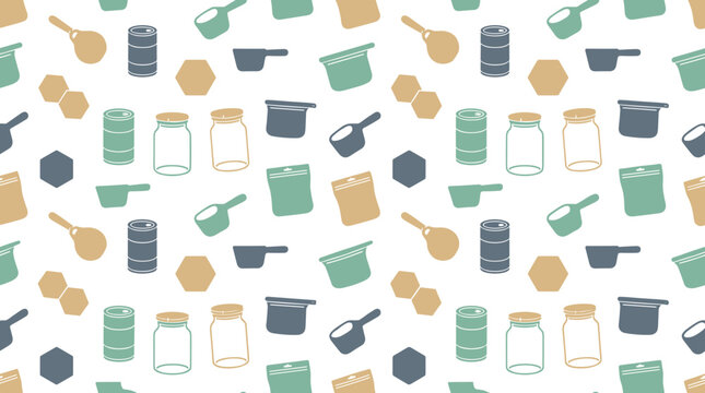 Plastic-free container icons and reusable packaging symbols forming a continuous seamless pattern for zero-waste retail materials.