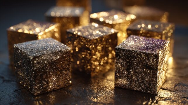 Collection of Small Sparkling Pyrite Cubes with Golden Glittering Facets