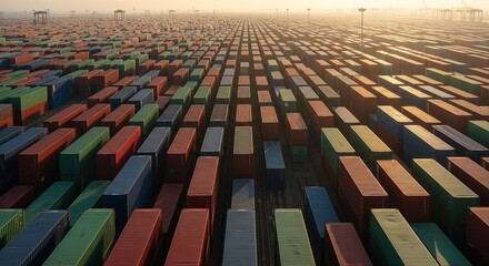 Fototapeta premium Massive Shipping Container Yard at Sunrise/Sunset, Aerial View of Logistics Hub with Stacks
