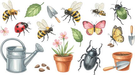 Garden Insects and Pollinators Collection Vector Illustration Featuring Bees Butterfly Ladybug Beetle with Plants Tools and Nature Elements Set © Mohammad