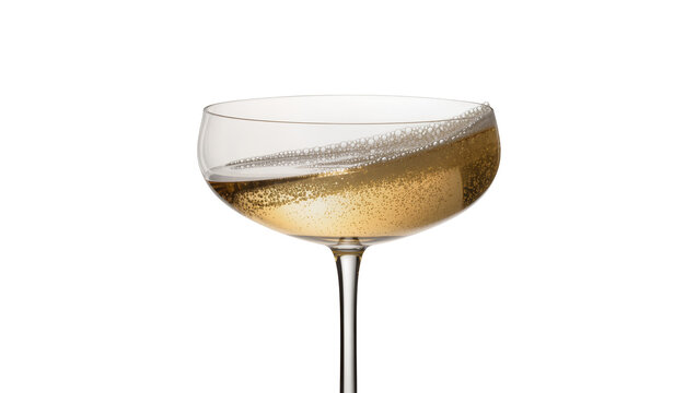 Isolated coupe glass with sparkling golden wine, champagne or prosecco and bubbles