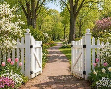 Open white picket gate and garden path in spring with picket fence, blossoms