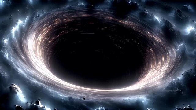 Black hole, fantasy, mysterious. A vivid digital artwork depicts a cosmic scene. A swirling black hole is the central subject, surrounded by a vast expanse of stars and nebulae.