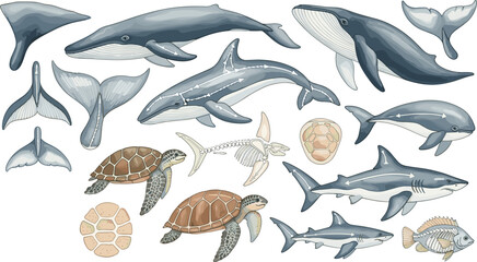 Marine Animal Anatomy Collection Vector Illustration Featuring Whale Dolphin Shark Sea Turtle Skeleton and Ocean Wildlife Elements in Detailed Style © Mohammad