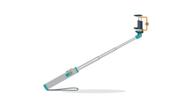 Modern extendable selfie stick with smartphone holder and remote button illustration isolated on white background