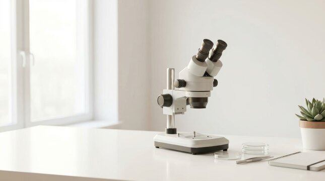 A white stereo microscope with accessories sits on a lab table beside a potted plant