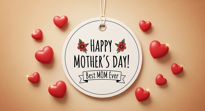 Happy mothers day best mom ever tag with red hearts on beige background